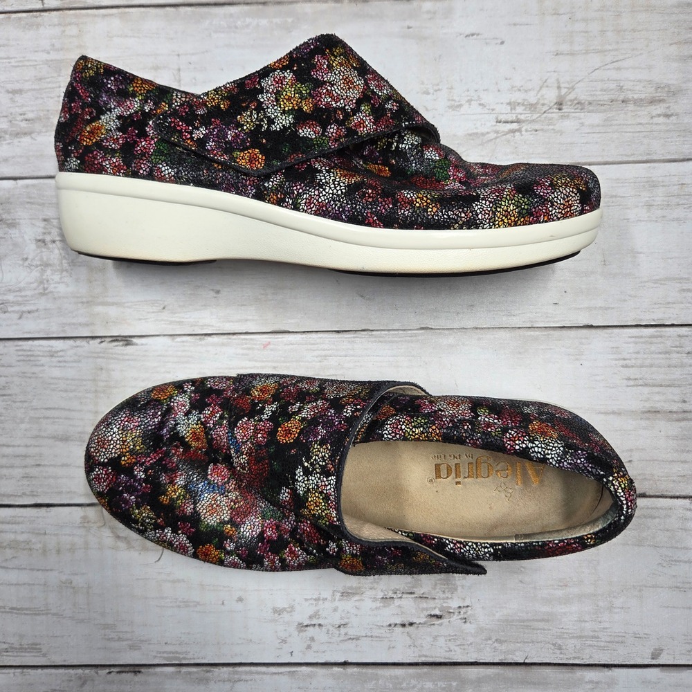 Alegria Qin Slip On Shoes Floral Metallic Leather Womens 37 Black Multi Comfort